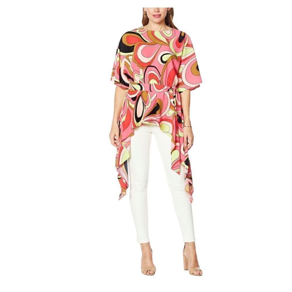 David Meister pink and green retro print drama tunic size M